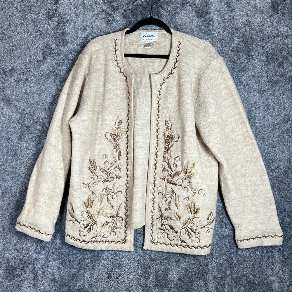 Linea By Louis Dell'Olio Cardigan Womens L Beige 100% Wool Embroidered Open